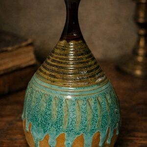 Handmade Ceramic Vase in Teal and Brown (Signed Studio Pottery)